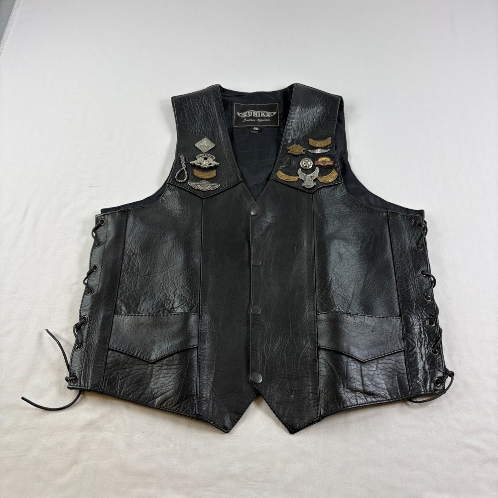 Unik Leather Vest Mens‎ Size 40 Black Motorcyle Jacket Riding Patch Sleeveless